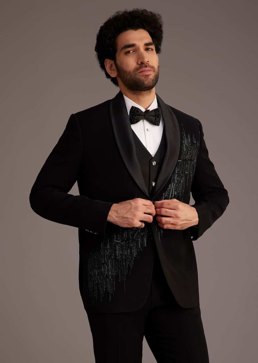 Black Tuxedo With Beaded Embellishments And Satin Lapel