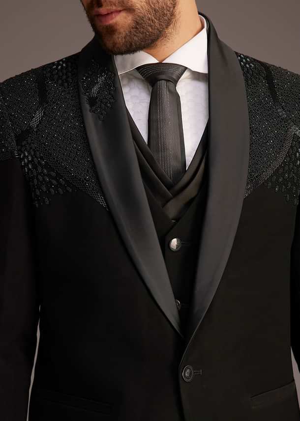 Black Tuxedo With Beaded Shoulder Detailing And Satin Lapel Black Tuxedo With Beaded Shoulder Detailing And Satin Lapel