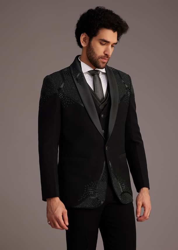 Black Tuxedo With Beaded Shoulder Detailing And Satin Lapel Black Tuxedo With Beaded Shoulder Detailing And Satin Lapel