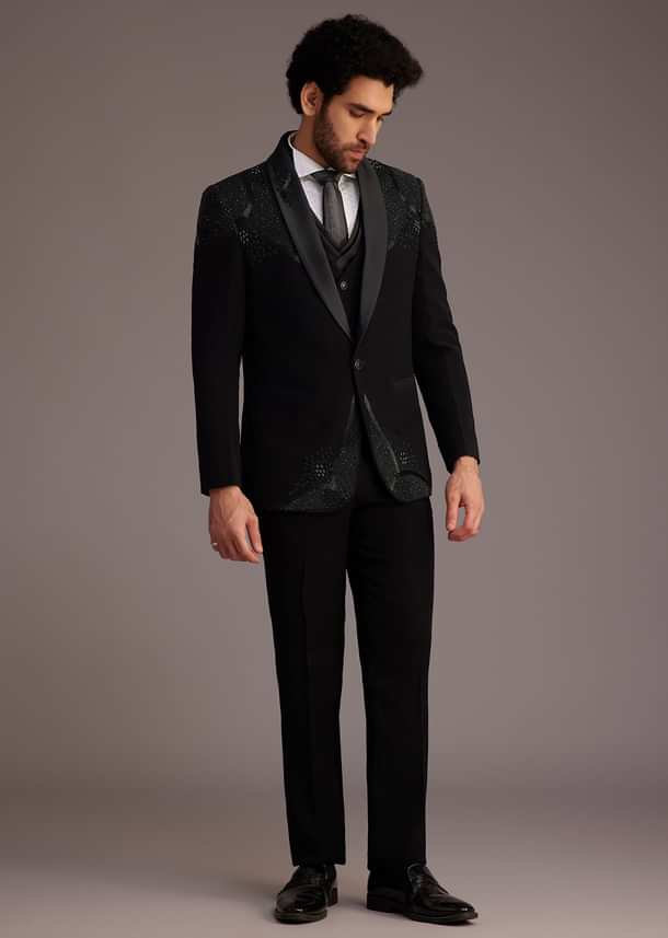 Black Tuxedo With Beaded Shoulder Detailing And Satin Lapel Black Tuxedo With Beaded Shoulder Detailing And Satin Lapel