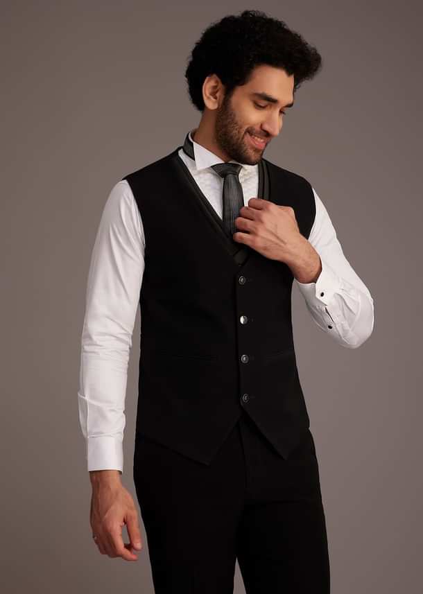 Black Tuxedo With Beaded Shoulder Detailing And Satin Lapel Black Tuxedo With Beaded Shoulder Detailing And Satin Lapel