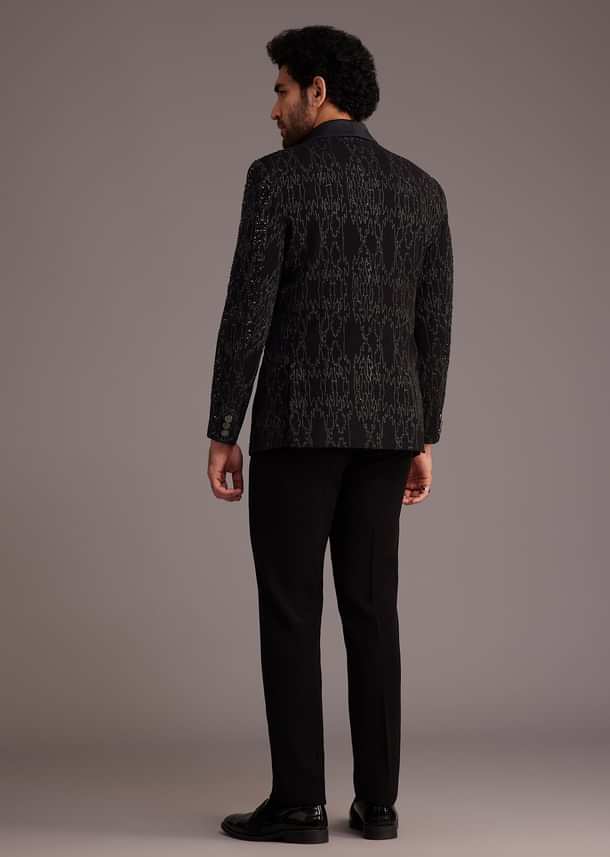 Black Tuxedo With Embellished Jacket And Satin Lapel