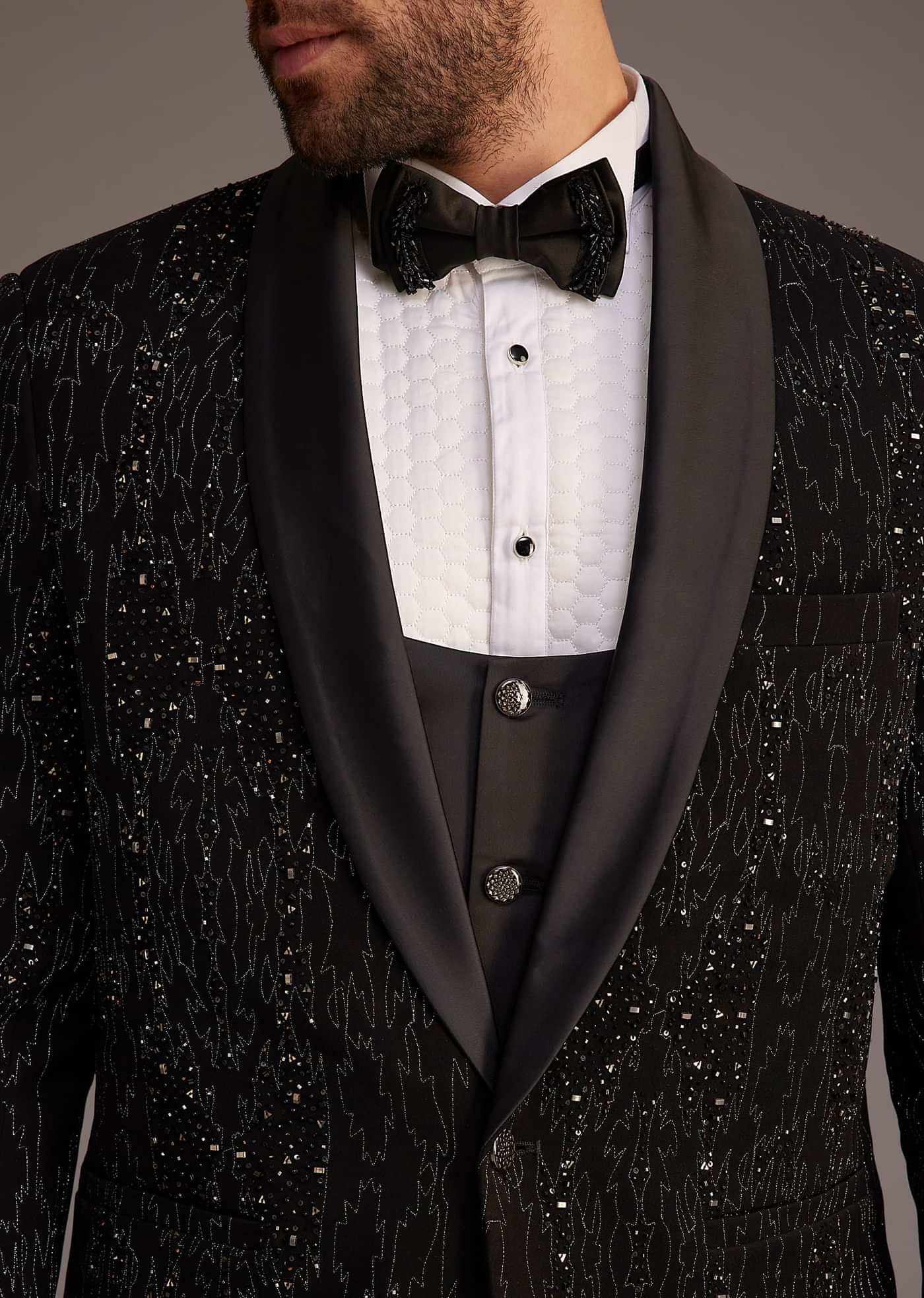 Embellished Button Bow-Tie Black Co-Ord Set