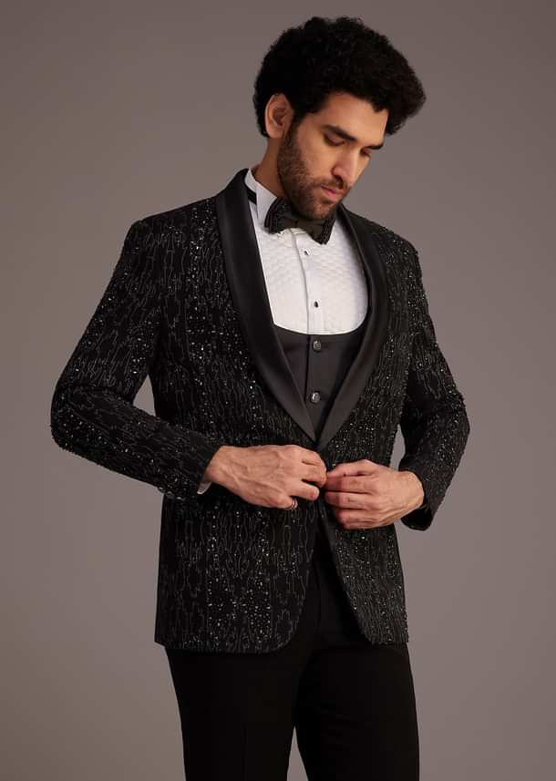 Black Tuxedo With Embellished Jacket And Satin Lapel