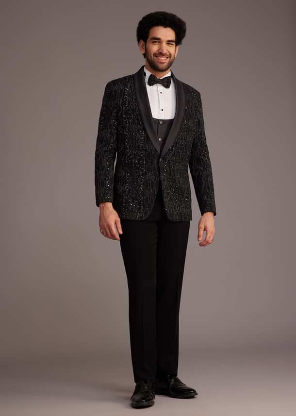 Black Tuxedo With Embellished Jacket And Satin Lapel
