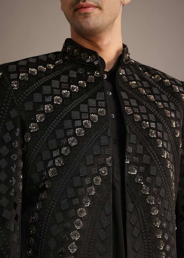 Black Velvet Hand Embroidered Jodhpuri Set Black Velvet Hand Embroidered Jodhpuri Set