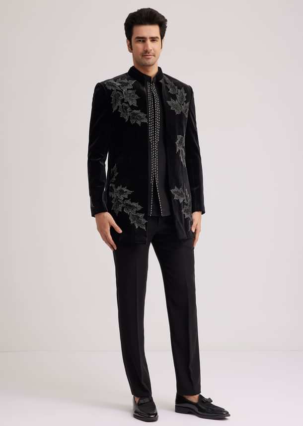 Black Velvet Indo Western Set With Abstract Motif And Cut Dana Work