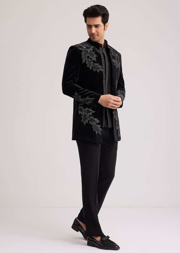 Black Velvet Indo Western Set With Abstract Motif And Cut Dana Work
