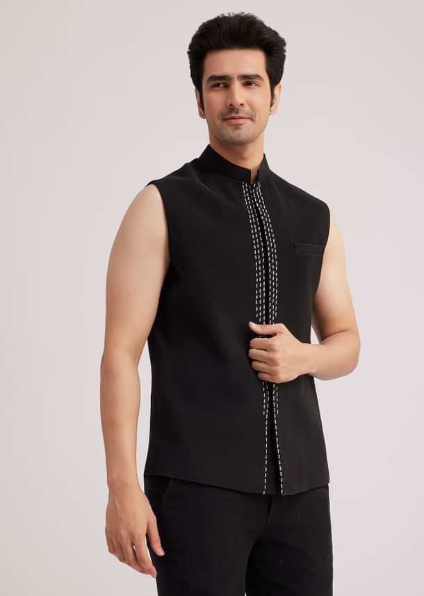 Black Velvet Indo Western Set With Abstract Motif And Cut Dana Work