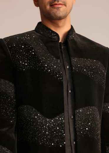 Black Velvet Indo Western Set With Zardosi Detailing