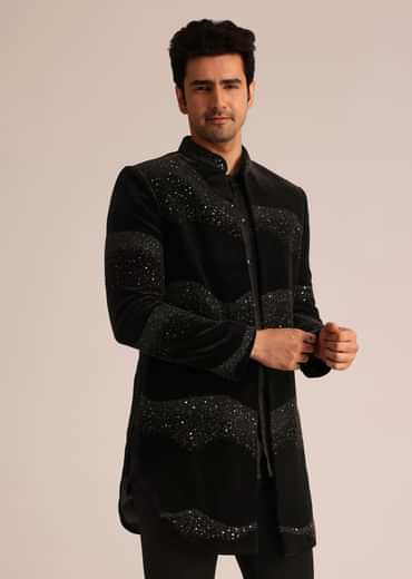 Black Velvet Indo Western Set With Zardosi Detailing