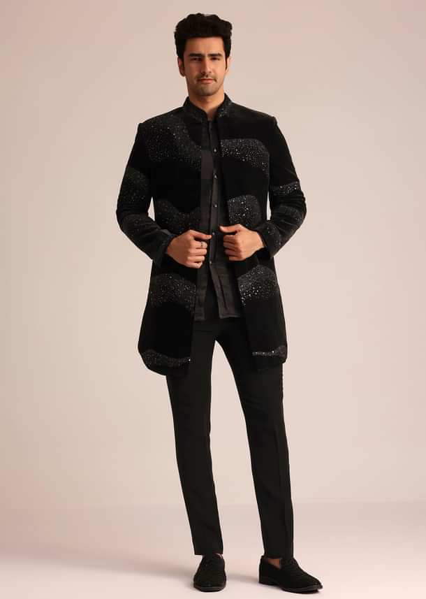 Black Velvet Indo Western Set With Zardosi Detailing