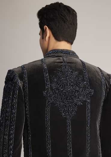 Black Velvet Indowestern Set With Cut Dana Embellishment