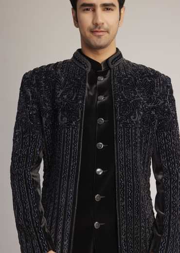 Black Velvet Indowestern Set With Cut Dana Embellishment