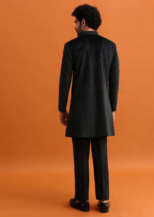 Black Velvet Indowestern Set With Hand Work For Men Black Velvet Indowestern Set With Hand Work For Men