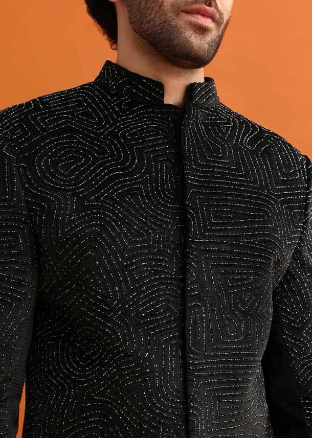 Black Velvet Indowestern Set With Hand Work For Men Black Velvet Indowestern Set With Hand Work For Men