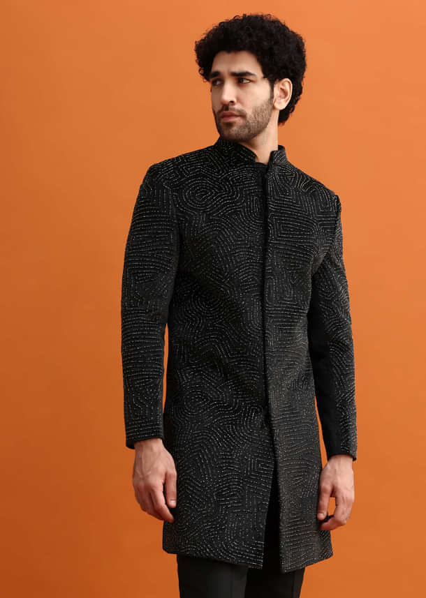 Black Velvet Indowestern Set With Hand Work For Men Black Velvet Indowestern Set With Hand Work For Men