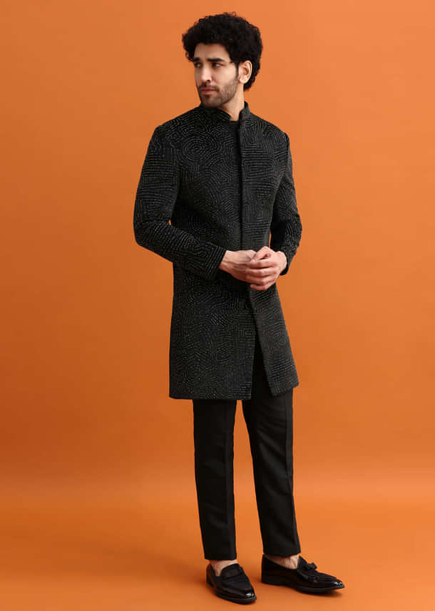 Black Velvet Indowestern Set With Hand Work For Men Black Velvet Indowestern Set With Hand Work For Men