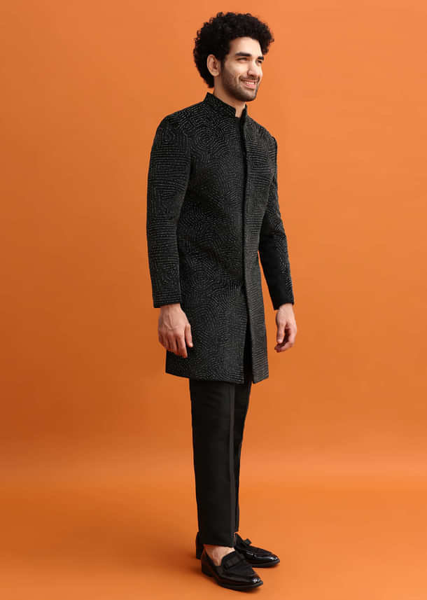 Black Velvet Indowestern Set With Hand Work For Men Black Velvet Indowestern Set With Hand Work For Men