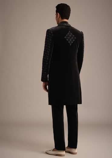 Black Velvet Indowestern Set With Sequin Work