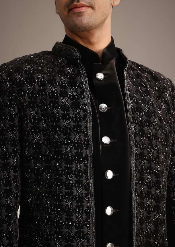 Black Velvet Indowestern Set With Sequin Work Black Velvet Indowestern Set With Sequin Work