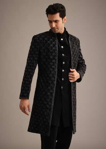 Black Velvet Indowestern Set With Sequin Work