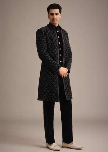 Black Velvet Indowestern Set With Sequin Work