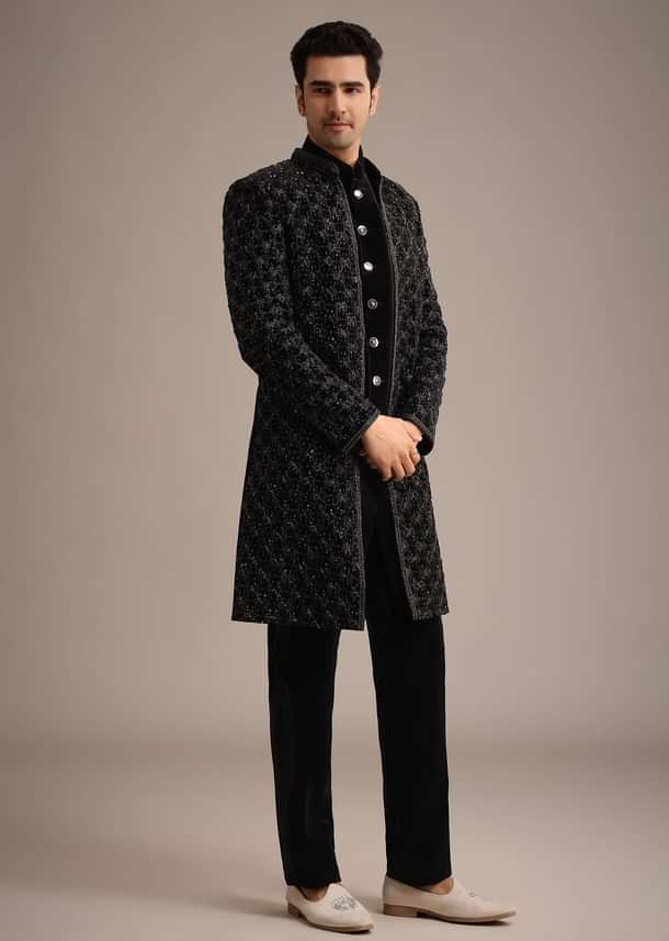 Black Velvet Indowestern Set With Sequin Work Black Velvet Indowestern Set With Sequin Work