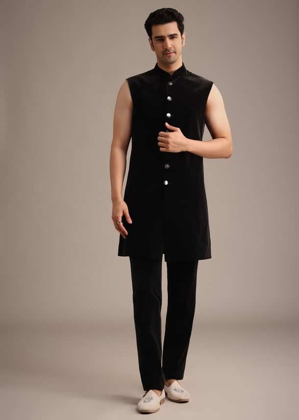 Black Velvet Indowestern Set With Sequin Work Black Velvet Indowestern Set With Sequin Work