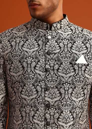 Black Velvet Sherwani And Kurta Set With Kashmiri Work