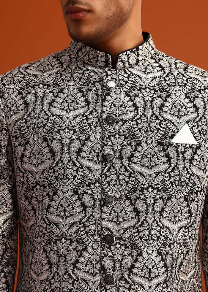 Black Velvet Sherwani And Kurta Set With Kashmiri Work