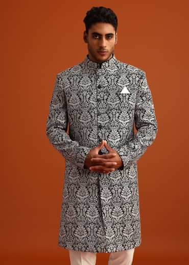 Black Velvet Sherwani And Kurta Set With Kashmiri Work