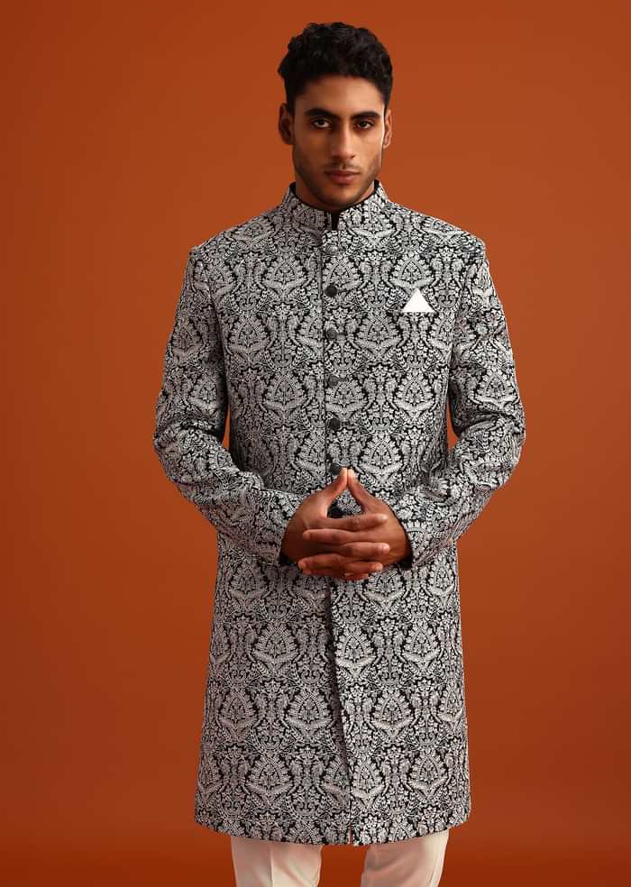 Black Velvet Sherwani And Kurta Set With Kashmiri Work