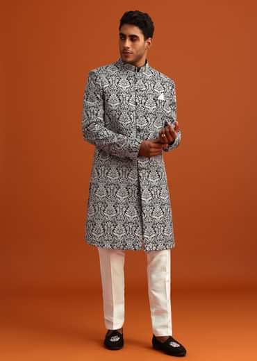 Black Velvet Sherwani And Kurta Set With Kashmiri Work