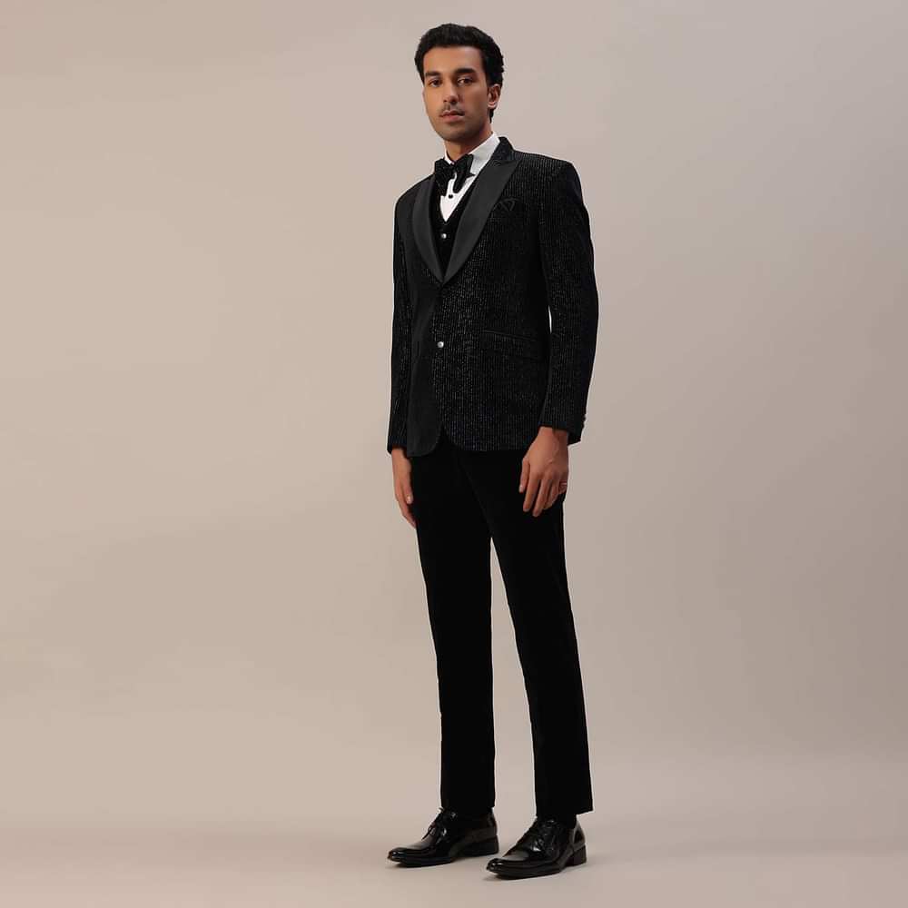 Black Velvet Tuxedo Set With Cut Work Embroidery