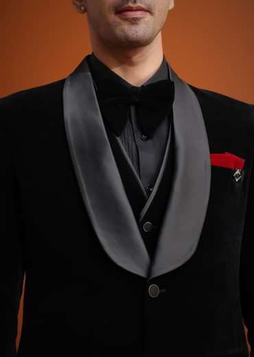 Black Velvet Tuxedo Set With Waistcoat And Bow