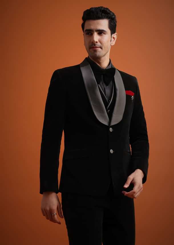 Black Velvet Tuxedo Set With Waistcoat And Bow Black Velvet Tuxedo Set With Waistcoat And Bow