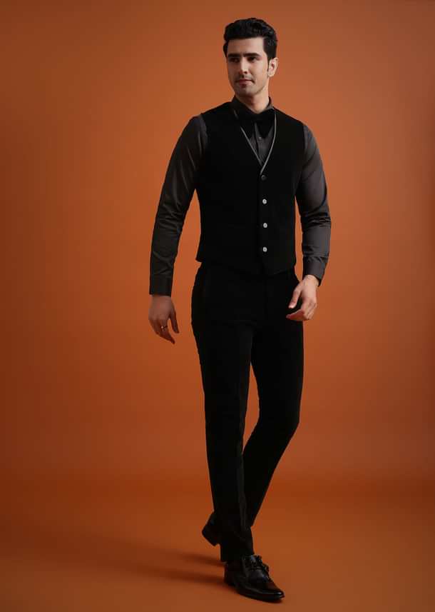 Black Velvet Tuxedo Set With Waistcoat And Bow Black Velvet Tuxedo Set With Waistcoat And Bow