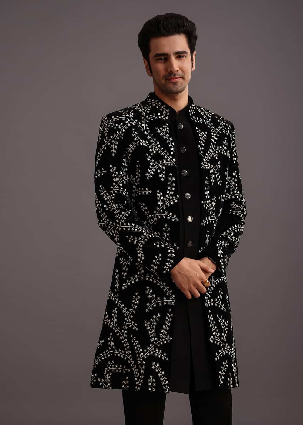 Black Velvet Zari Embroidered Indowestern Trouser Suit