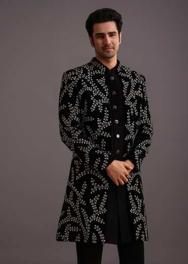 Black Velvet Zari Embroidered Indowestern Trouser Suit