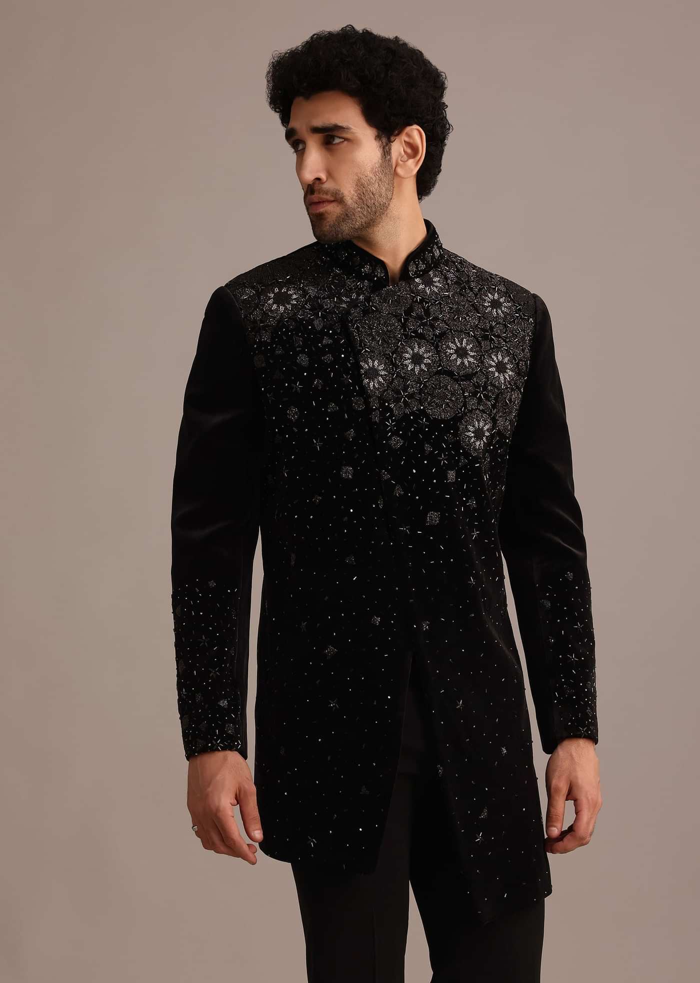 Black Zardozi Work Indo Western Set in Velvet