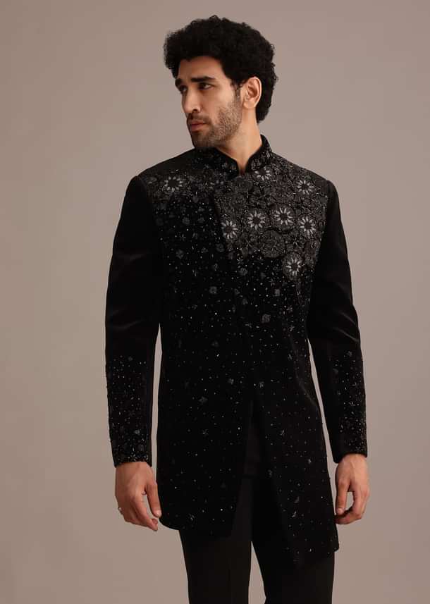 Black Zardozi Work Indo Western Set in Velvet