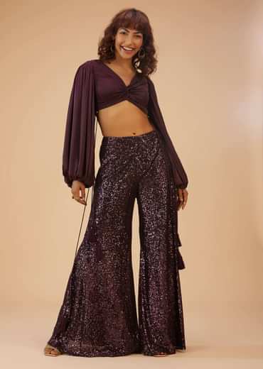 Wine Purple Palazzo And Crop-Top Set