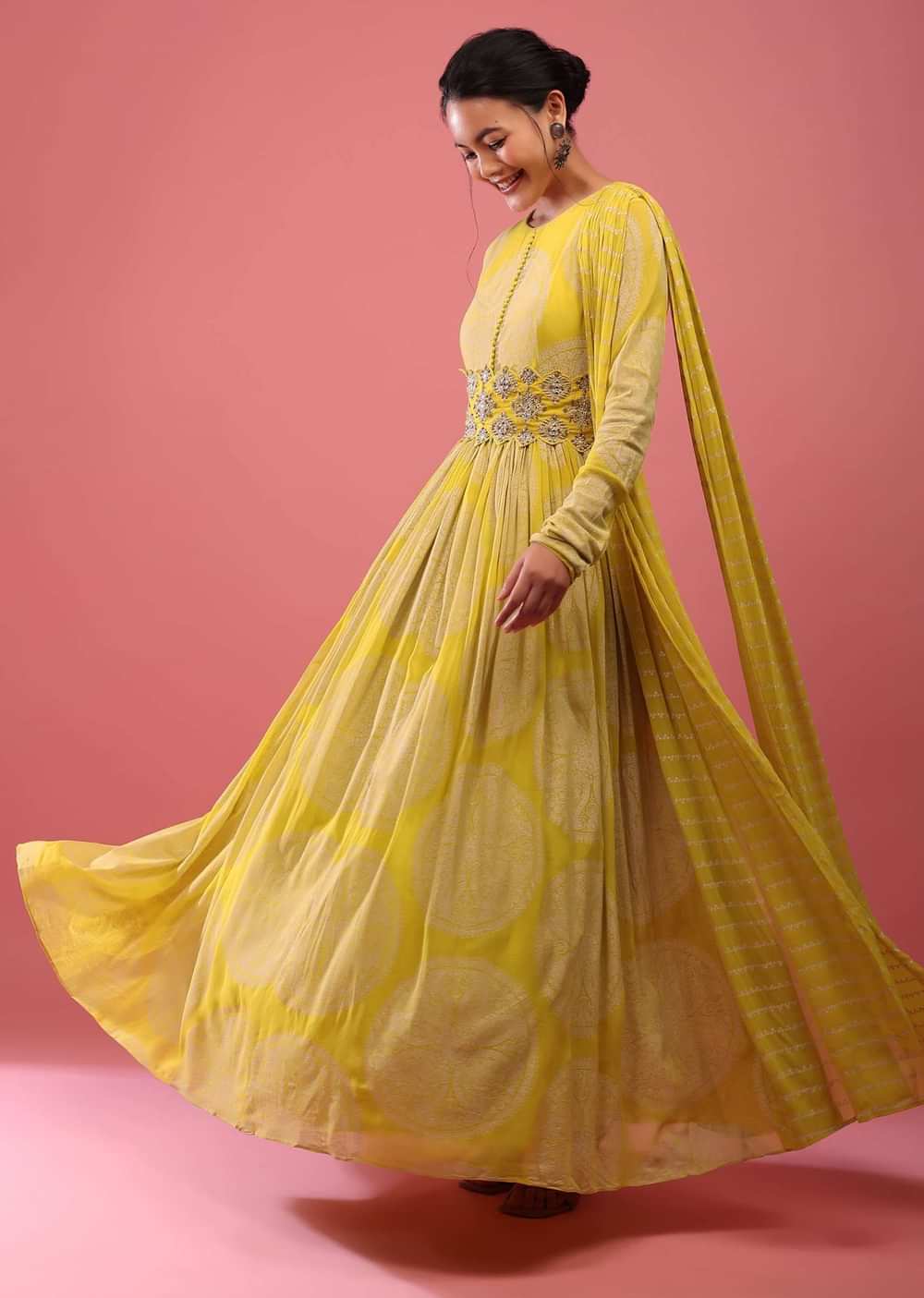 Canary Yellow Anarkali Suit In Georgette With Attached Dupatta And Floral Embroidered Waistbelt