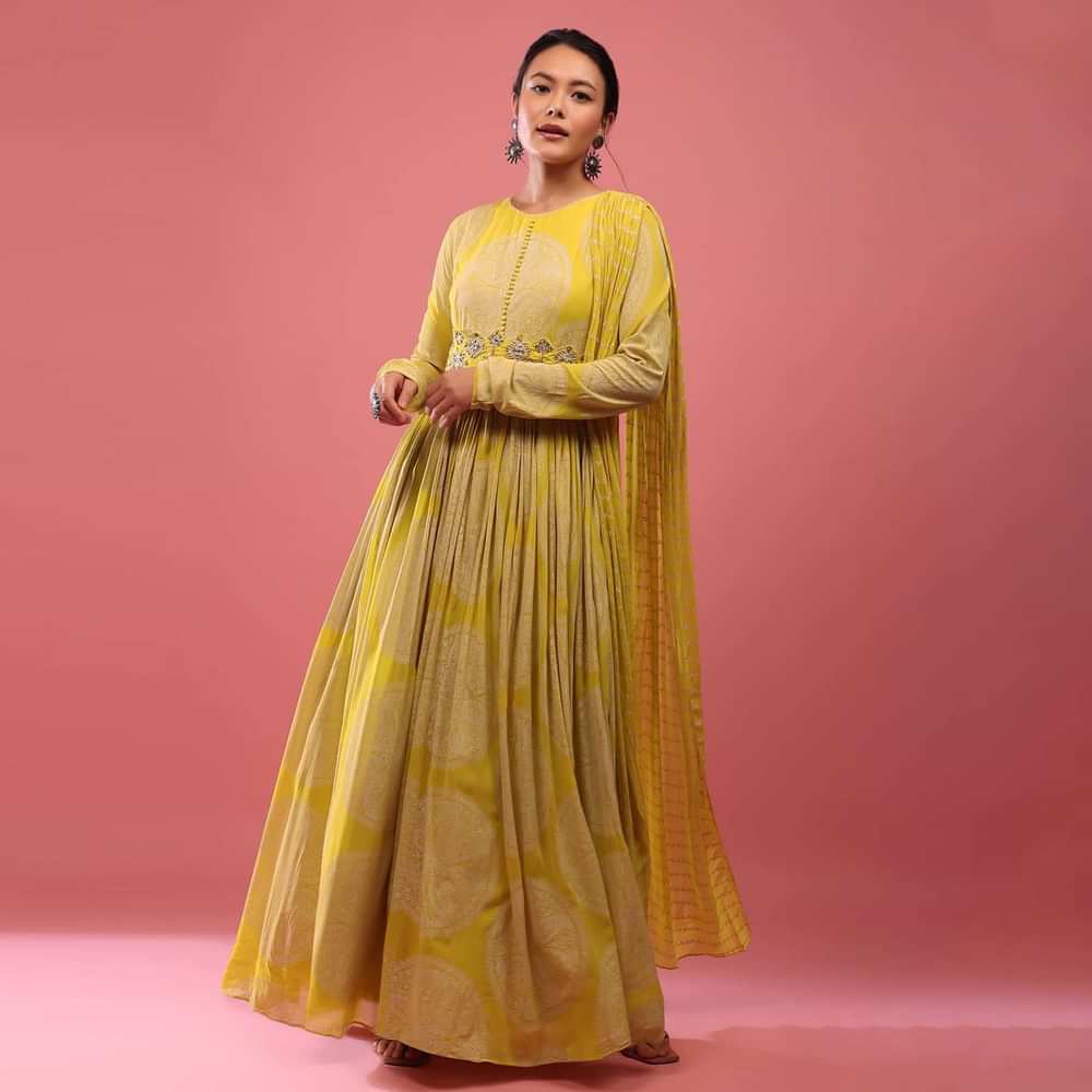 Canary Yellow Anarkali Suit In Georgette With Attached Dupatta And Floral Embroidered Waistbelt