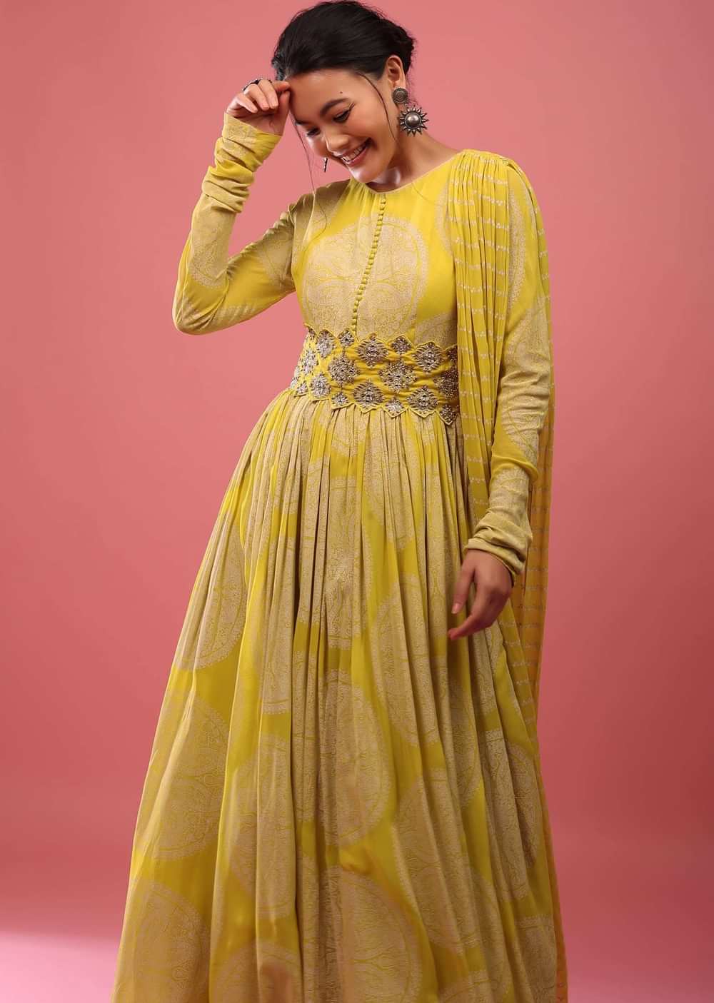 Canary Yellow Anarkali Suit In Georgette With Attached Dupatta And Floral Embroidered Waistbelt