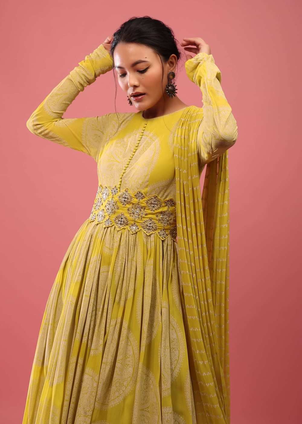 Canary Yellow Anarkali Suit In Georgette With Attached Dupatta And Floral Embroidered Waistbelt