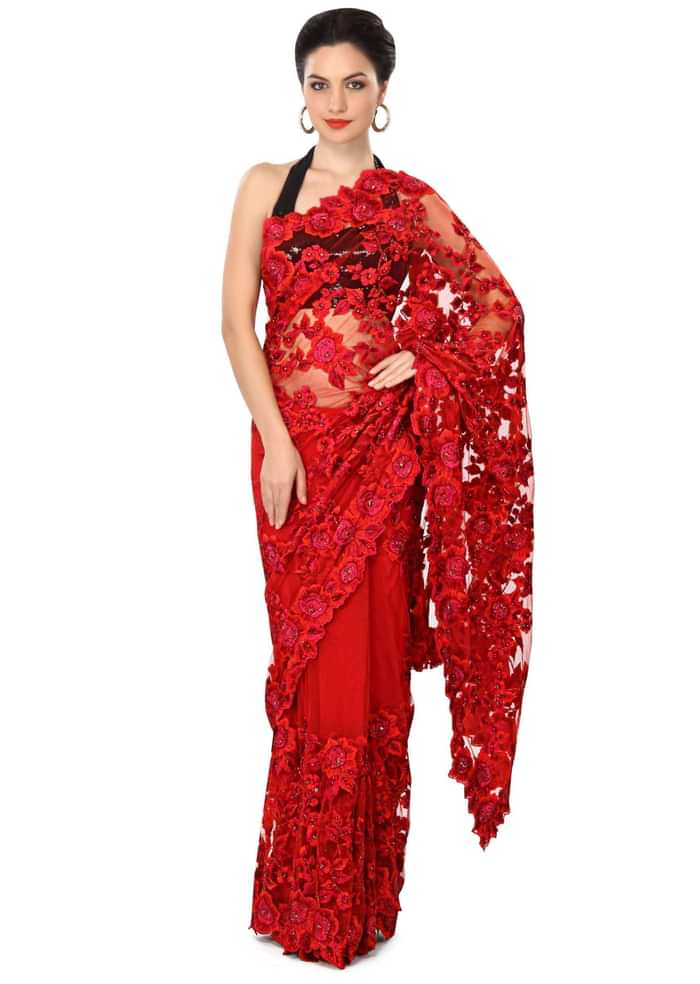 Blood red saree enhanced in resham embroidery only on Kalki
