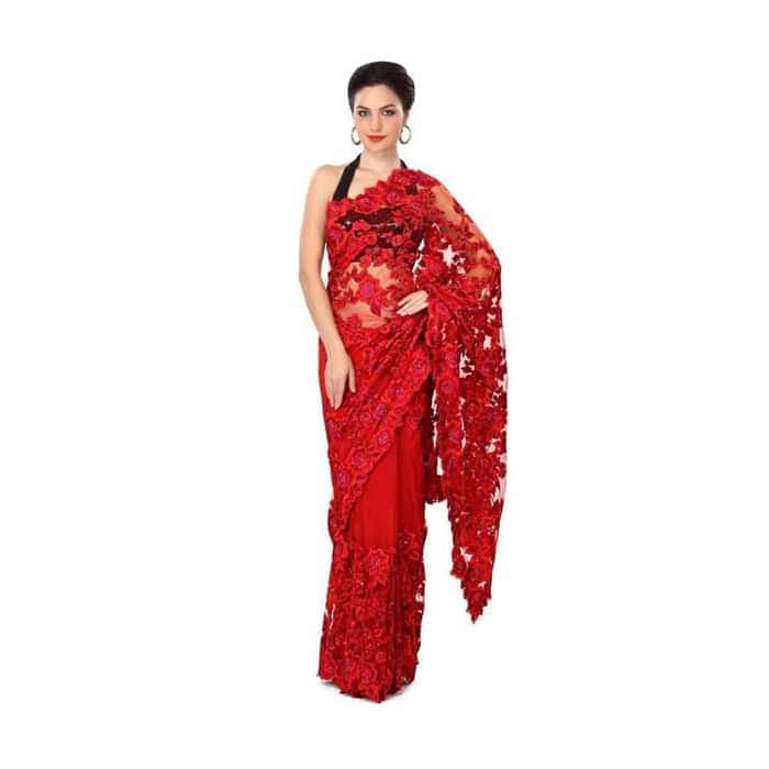 Blood red saree enhanced in resham embroidery only on Kalki