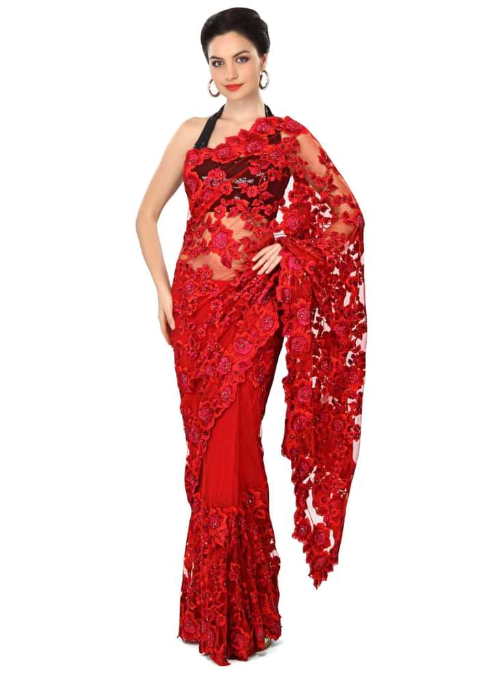 Blood red saree enhanced in resham embroidery only on Kalki